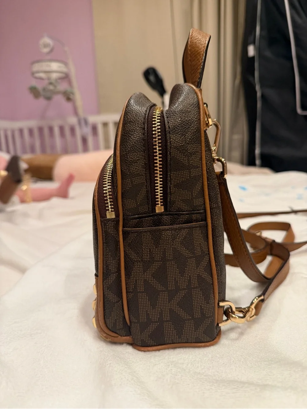 Michael Kors Brown and Tan MK Logo Mini Backpack